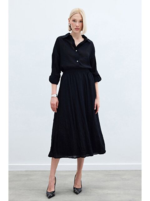 SATEEN Kraşlı Kloş  Etek - Siyah