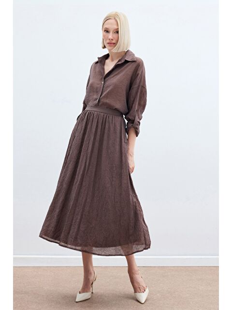 SATEEN Kraşlı Kloş  Etek - Kahve