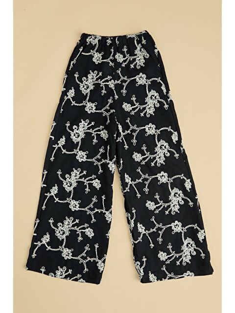 Fullamoda Çiçek Nakışlı Keten Görünümlü Kız Çocuk Pantolon