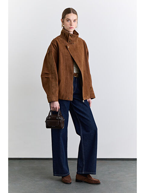 Manuka Yüksek Yakalı Flok Baskılı Ceket Camel - S000505849-4557