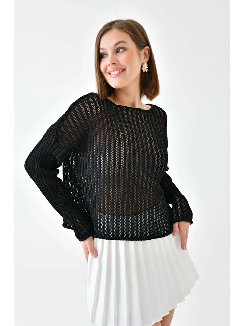 carla10 Kadın Geniş Yaka Örgü Detay Oversize Triko Kazak - S000498887-19351