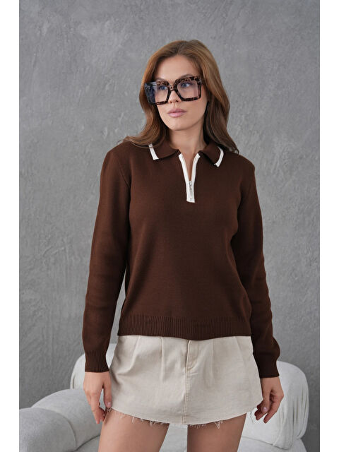 carla10 Kadın Polo Yaka Yarım Pat Fermuar Kapama Basic Triko Kazak - S000498324-19413