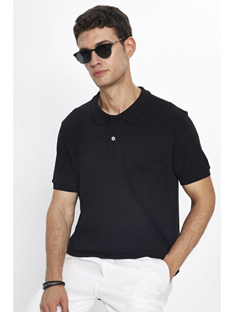 TUDORS Erkek Klasik Fit Rahat Kesim %100 Pamuk Düz Pike Siyah Polo Yaka Tişört