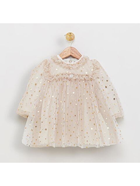 Magu Kız Çocuk Pamuklu Bej Altın Yıldız Desenli Tül Elbise - Özel Davet Elbisesi - S000448180-23173