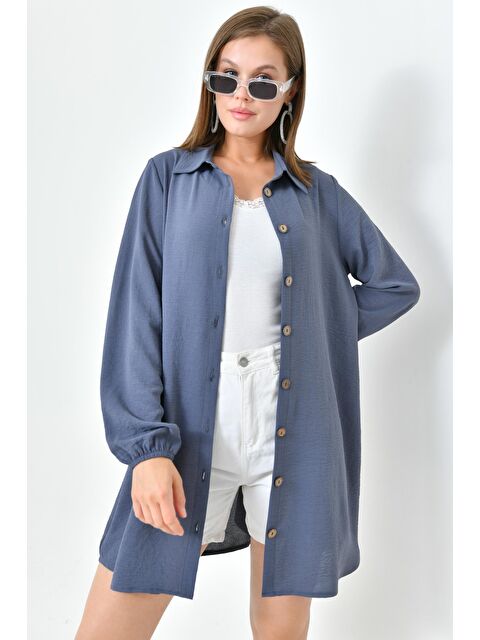 Saade Antrasit Kadın Gömlek Yaka Ahşap Düğmeli Kolağzı Lastikli Aerobin Dokuma Tunik - Regular Fit - S000495983-29666