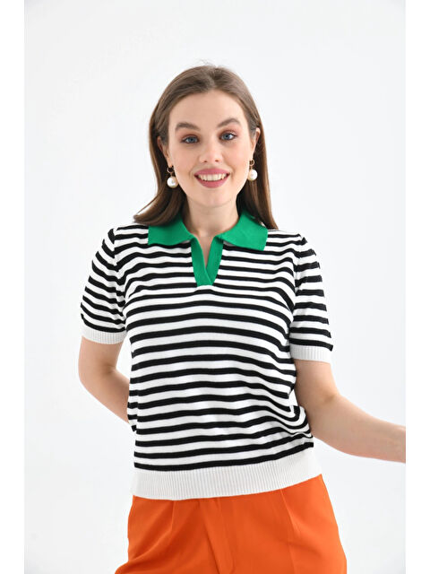 carla10 Kadın Polo Yaka Çizgili Triko Kazak - S000498889-18194