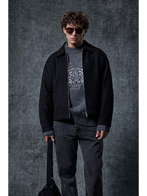 Abluka Online Erkek Oversize İnce Fermuarlı Ceket Siyah - S000481751-19351