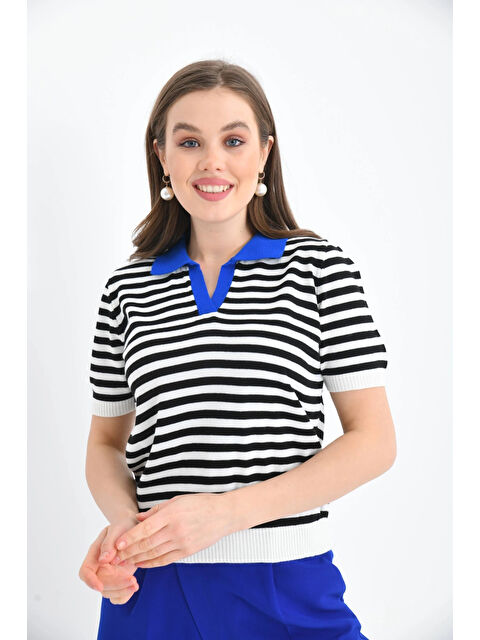 carla10 Kadın Polo Yaka Çizgili Triko Kazak - S000498889-23710