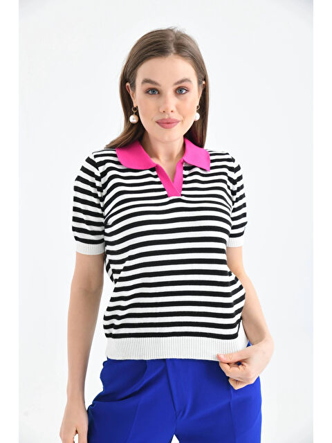 carla10 Kadın Polo Yaka Çizgili Triko Kazak - S000498889-18686