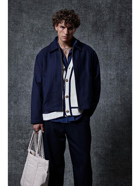 Abluka Online Erkek Oversize İnce Fermuarlı Ceket Lacivert - S000481751-21164