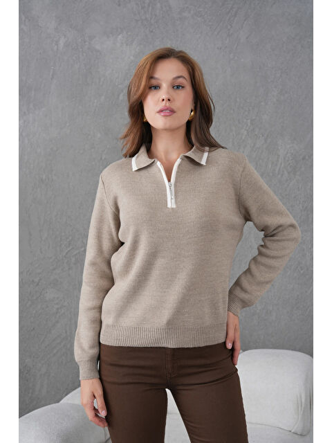 carla10 Kadın Polo Yaka Yarım Pat Fermuar Kapama Basic Triko Kazak - S000498324-26429