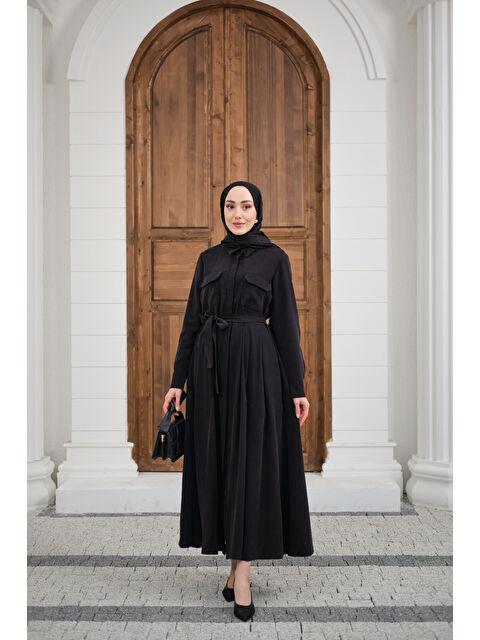 Locco Moda Kadın Beli Kuşak Detay Gömlek Elbise Siyah - S000511139-19351