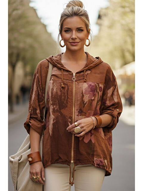 Chiccy İtalyan Tarçın Rengi Kapüşonlu 3/4 Kol Fermuarlı Cepli Casual Keten Görünümlü Dokuma Ceket 68 65 - S000508219-19956