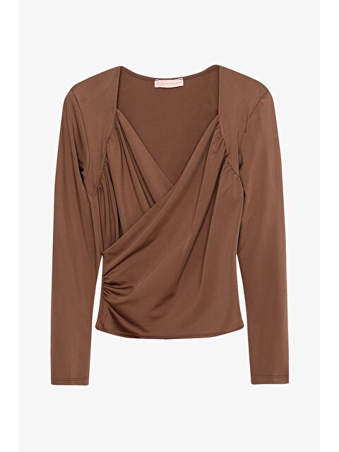 QUZU Kruvaze Yaka Drapeli Uzun Kollu Bluz Kahverengi - S000427487-19413
