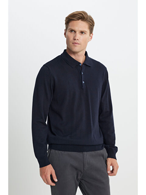 Altınyıldız Classics Erkek Lacivert Standart Fit Normal Kesim Polo Yaka Pamuklu Triko Kazak - S000403514-21164