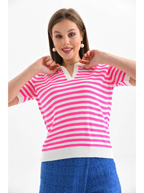 carla10 Kadın Polo Yaka Kısa Kol Çizgili Triko Kazak - S000498891-20024