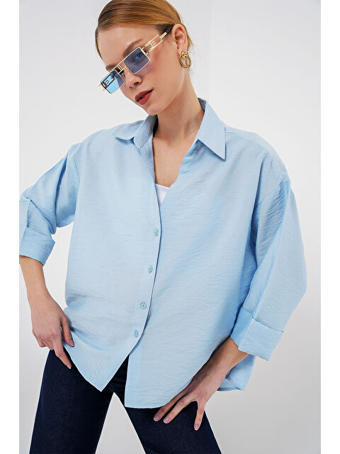Bigdart Kadın Oversize Kısa Kol Gömlek 20315 - Mavi - S000377796-17234
