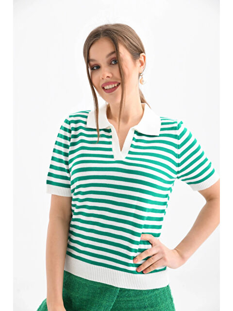 carla10 Kadın Polo Yaka Kısa Kol Çizgili Triko Kazak - S000498891-18194