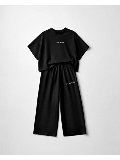 Magu Kız Çocuk Pamuklu Siyah Baskılı T-Shirt Pantolon Takım - Bol Kesim Rahat Set - S000516471-19351