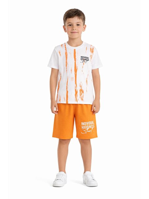 Cansın Mini Turuncu Desenli Tişörtlü Erkek Çocuk Yazı Baskılı Şortlu Takım 23788