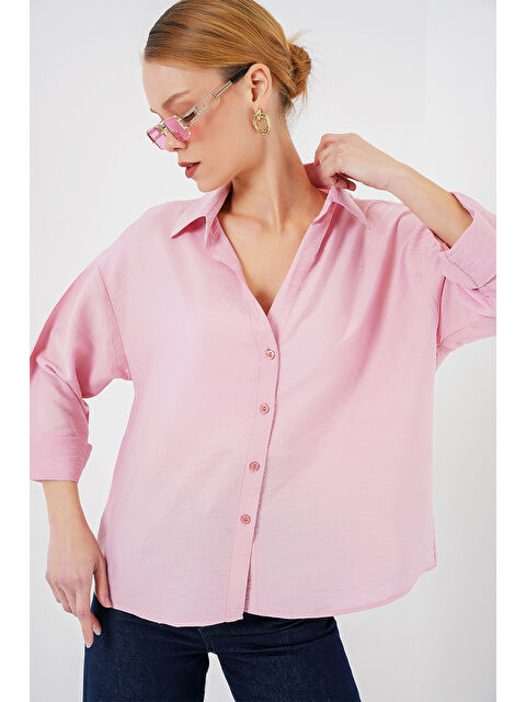 Bigdart Kadın Oversize Kısa Kol Gömlek 20315 - Pembe - S000377796-20024