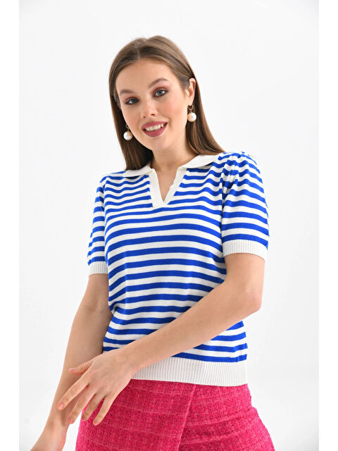 carla10 Kadın Polo Yaka Kısa Kol Çizgili Triko Kazak - S000498891-21164