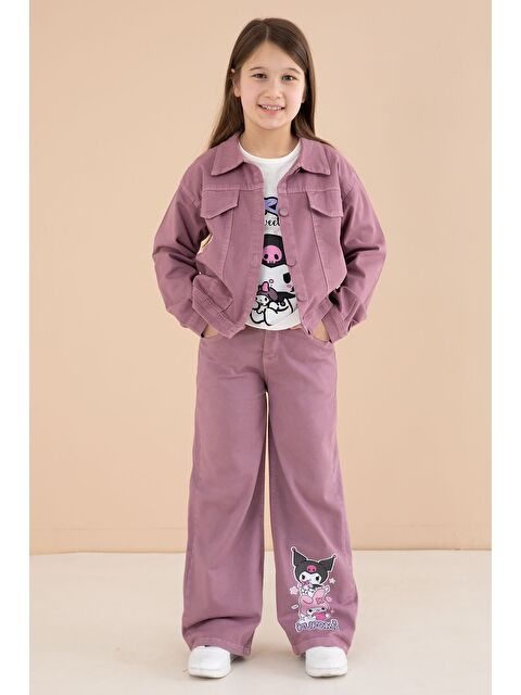 Cansın Mini Gül Kurusu Cep Detaylı Ceketli Baskılı Tişörtlü Kız Çocuk 3lü Pantolonlu Takım 23591 - S000513678-20028