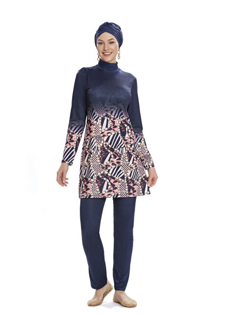 Hazelin Kadın Lacivert Pembe Desenli Uzun Kollu Tesettür Mayo HZL25S-AR271/02 - S000369761-21164