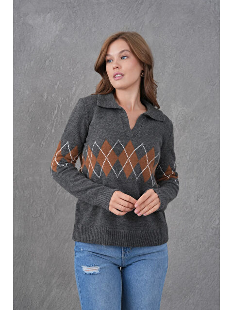 carla10 Kadın Polo Yaka Desenli Yarım Pat Triko Kazak - S000498322-29666