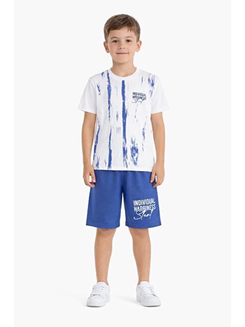 Cansın Mini Koyu Mavi Desenli Tişörtlü Erkek Çocuk Yazı Baskılı Şortlu Takım 23789