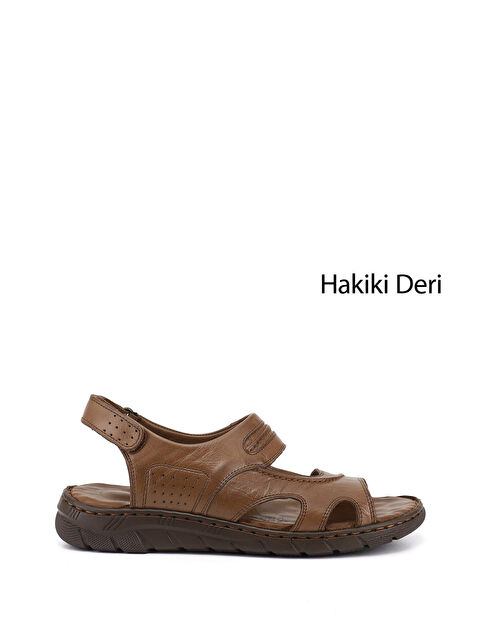 GÖNDERİ(R) Erkek KAHVERENGİ Ayarlanabilir Cırt Bantlı Hakiki Deri Sandalet