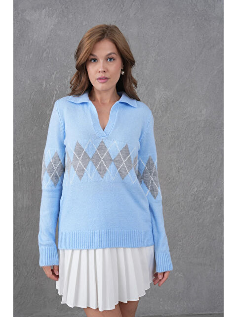 carla10 Kadın Polo Yaka Desenli Yarım Pat Triko Kazak - S000498322-17437