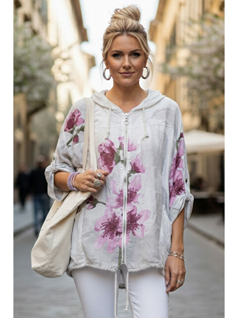 Chiccy İtalyan Beyaz Kapüşonlu 3/4 Kol Fermuarlı Cepli Casual Keten Görünümlü Dokuma Ceket 68 65 - S000508219-20063