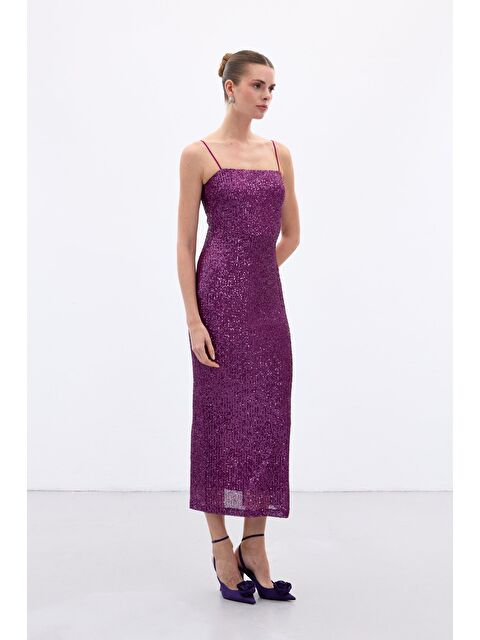 SATEEN Askılı Uzun Payet Elbise - Mürdüm - S000338678-20036