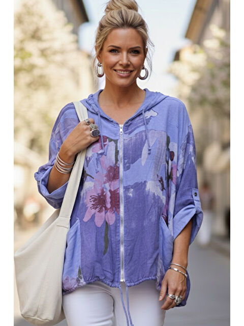 Chiccy İtalyan Lavanta Mavisi Kapüşonlu 3/4 Kol Fermuarlı Cepli Casual Keten Görünümlü Dokuma Ceket 68 65 - S000508219-14429