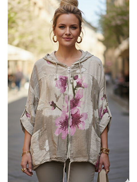 Chiccy İtalyan Bej Kapüşonlu 3/4 Kol Fermuarlı Cepli Casual Keten Görünümlü Dokuma Ceket 68 65 - S000508219-19928