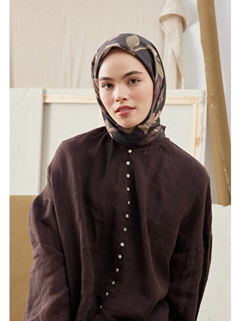 Fresh Scarfs Soft Garden Desen Pamuk İpek Eşarp Acı Kahve - S000422915-28102