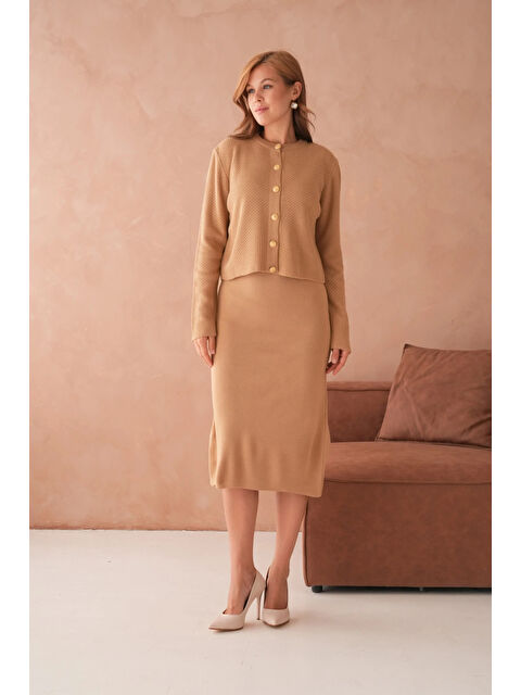 carla10 Kadın Bisiklet Yaka Düğme Detay Dokulu Ceket Elbise İkili Triko Takım - S000498893-4557