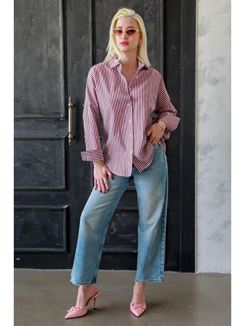 Madmext Bordo Çizgili Over Fit Gömlek Mg1525 - S000030143-19951