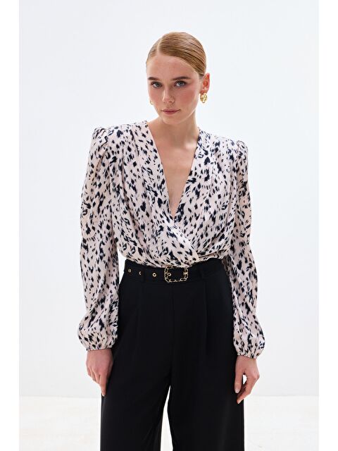 SATEEN Kruvaze Bodysuit Bluz - Ekru - S000503799-19965