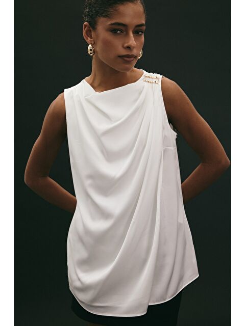 SATEEN Aksesuar Detaylı Kolsuz Bluz - Ekru - S000503872-19965