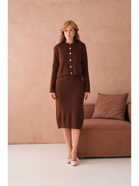 carla10 Kadın Bisiklet Yaka Düğme Detay Dokulu Ceket Elbise İkili Triko Takım - S000498893-19413