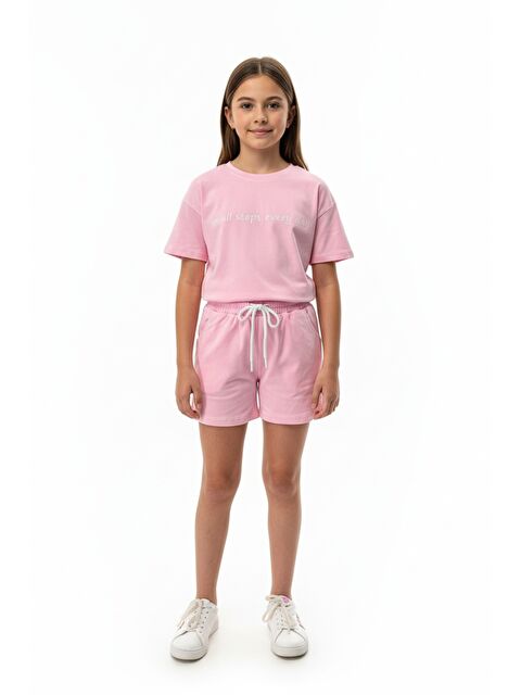 Toontoykids Kız Çocuk 2'li Şortlu Takım Bisiklet Yaka Kısa Kollu Baskılı Tişört - Beli Lastikli Bağlamalı Şort