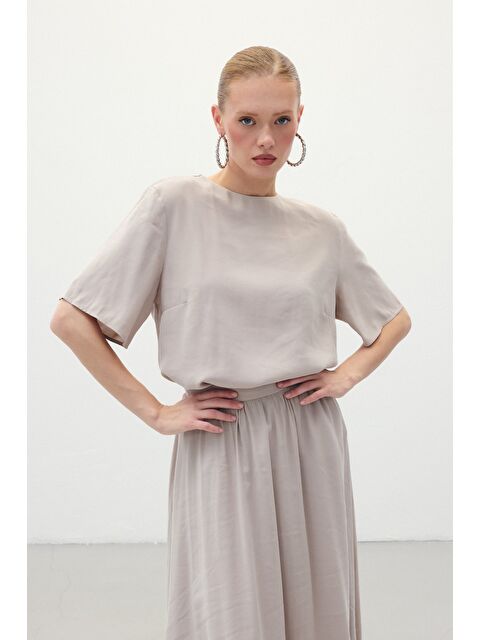 SATEEN Kısa Kollu Salaş Bluz - Taş - S000412066-25636