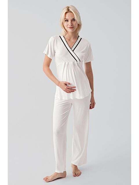 Artış Kısa Kollu Emzirme Bölmeli Ayarlanabilir Bel Esnek Viskoz Hamile Pijama Takım 19217 - S000514513-19965