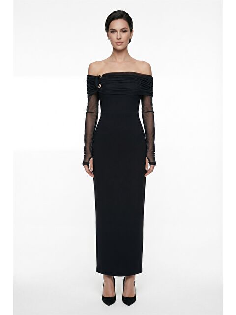 Lafaba Kadın Siyah Yakası Aksesuar Detay Maxi Elbise - S000498894-19351