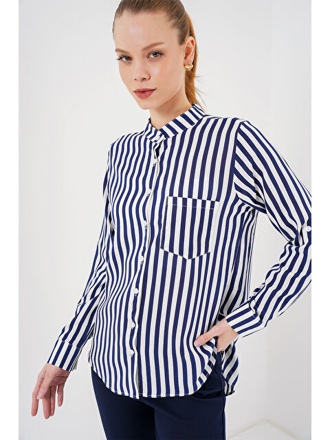 Bigdart Kadın Uzun Kollu Çizgili Gömlek 20283 - Lacivert - S000377799-21164
