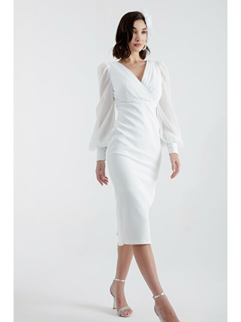 Lafaba Kadın Beyaz Kruvaze Yaka Midi Abiye Elbise - S000350992-20063