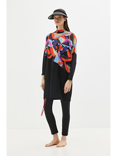 C&City Desenli Rahat Kesim 4'Lü Tesettür Mayo 6297 Lacivert/Siyah - S000375959-21164