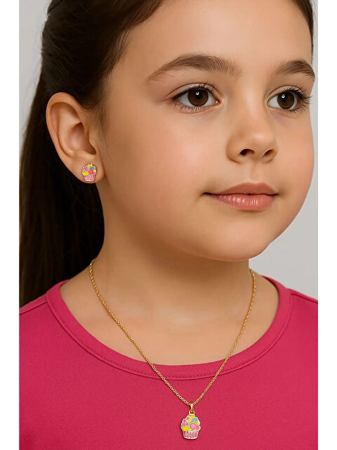 Le Mabelle Çok Renkli  Dondurma Figürlü Kız Çocuk Kolye ve Küpe Set - S000465743-23173